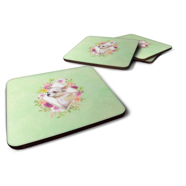 Carolines Treasures 3.5 x 3.5 in. Chihuahua No.2 Green Flowers Foam Coaster, 4PK - CK4289FC