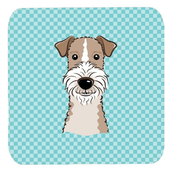 Carolines Treasures 3.5 x 3.5 In. Checkerboard Blue Wire Haired Fox Terrier Foam Coasters, 4PK - BB1185FC