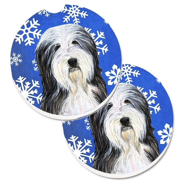 Carolines Treasures Bearded Collie Winter Snowflakes Holiday Cup Holder Car Coaster, 2PK - SS4635CARC