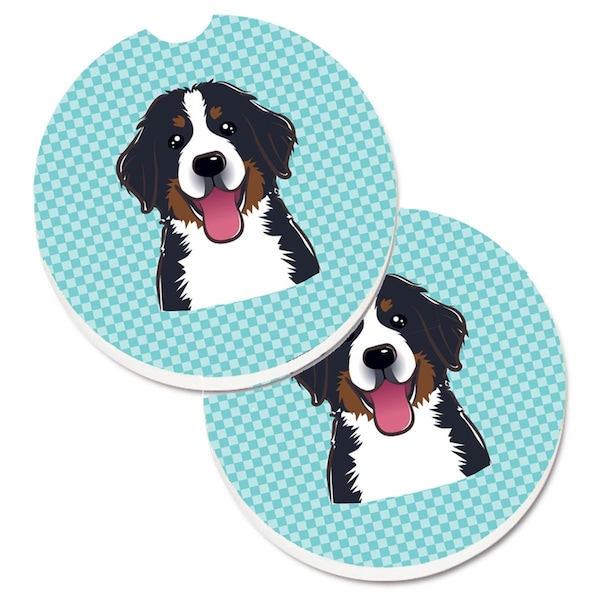 Carolines Treasures Checkerboard Blue Bernese Mountain Dog Cup Holder Car Coaster, 2PK - BB1175CARC