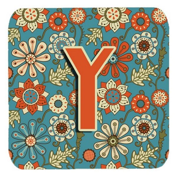 Carolines Treasures Letter Y Flowers Retro Blue Foam Coasters- Set of 4 - CJ2012-YFC