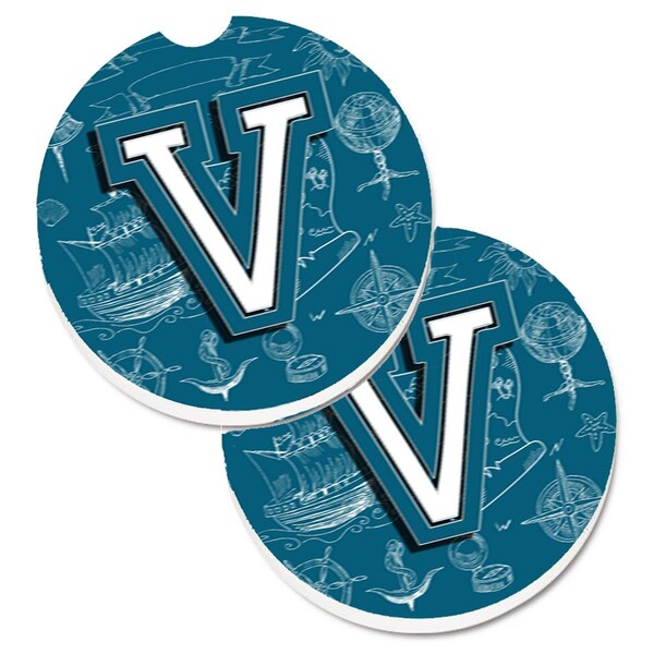 Carolines Treasures Letter V Sea Doodles Initial Alphabet Cup Holder Car Coaster, 2PK - CJ2014-VCARC