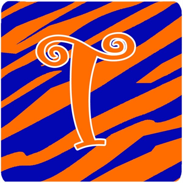 Carolines Treasures Monogram - Tiger Stripe Blue And Orange Foam Coasters, Initial Letter T, 4PK - CJ1036-TFC