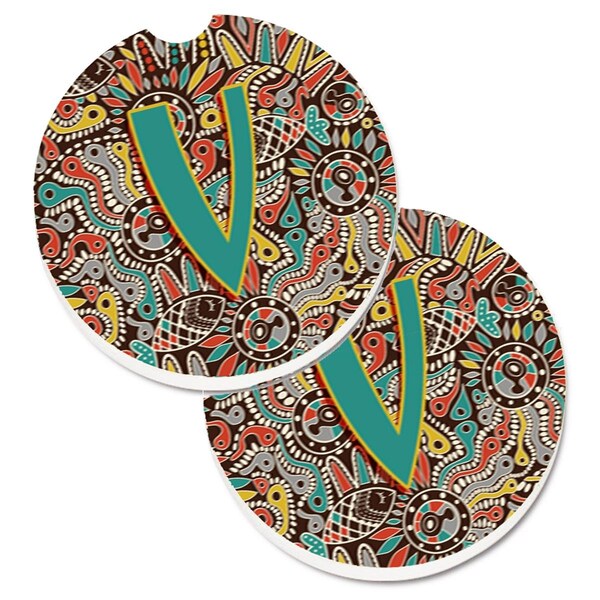 Carolines Treasures Letter V Retro Tribal Alphabet Initial Cup Holder Car Coaster, 2PK - CJ2013-VCARC