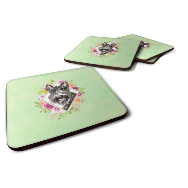 Carolines Treasures 3.5 x 3.5 in. Scottish Terrier Green Flowers Foam Coaster, 4PK - CK4374FC