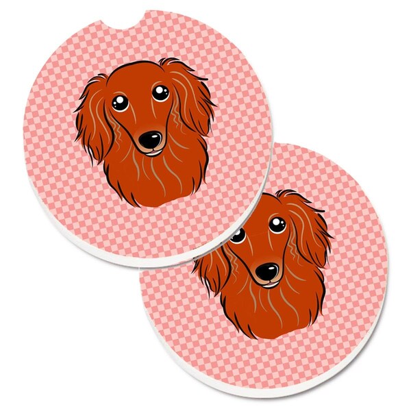Carolines Treasures Checkerboard Pink Longhair Red Dachshund Cup Holder Car Coaster, 2PK - BB1214CARC