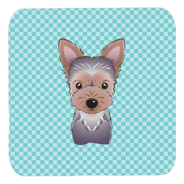Carolines Treasures 3.5 x 3.5 In. Checkerboard Blue Yorkie Puppy Foam Coasters- Set of 4 - BB1170FC