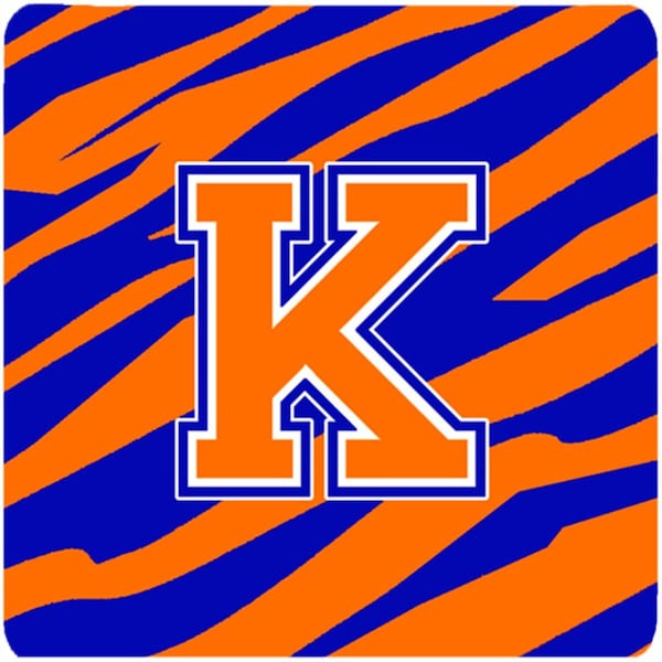 Carolines Treasures Monogram - Tiger Stripe - Blue Orange Foam Coasters- Initial Letter K, 3.5 x 3.5 in., 4PK - CJ1023-KFC