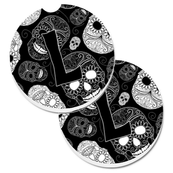 Carolines Treasures Letter L Day of the Dead Skulls Black Cup Holder Car Coaster, 2PK - CJ2008-LCARC
