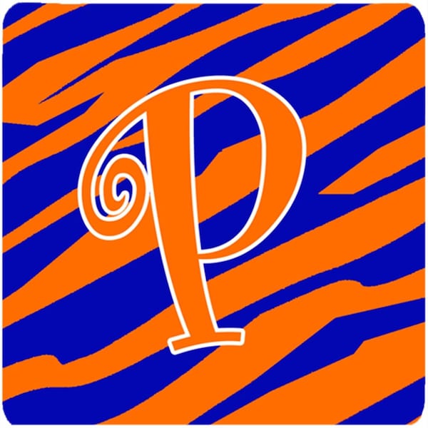 Carolines Treasures 3.5 x 3.5 in. Monogram Tiger Stripe Blue and Orange Foam Coasters Initial Letter P, 4PK - CJ1036-PFC