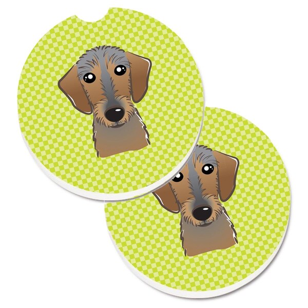 Carolines Treasures Checkerboard Lime Green Wirehaired Dachshund Cup Holder Car Coaster, 2PK - BB1295CARC