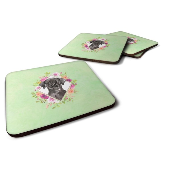 Carolines Treasures 3.5 x 3.5 in. Black Labrador Green Flowers Foam Coaster, 4PK - CK4421FC
