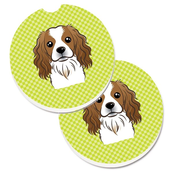 Carolines Treasures Checkerboard Lime Green Cavalier Spaniel Cup Holder Car Coaster, 2PK - BB1286CARC