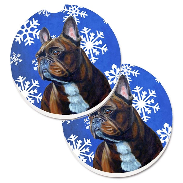 Carolines Treasures French Bulldog Winter Snowflakes Holiday Cup Holder Car Coaster, 2PK - LH9295CARC