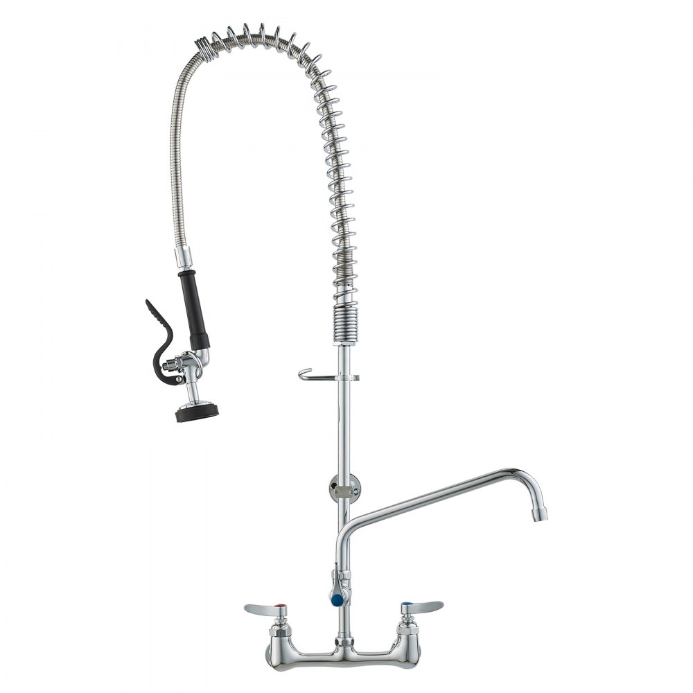 VEVOR Commercial Faucet with Pre-Rinse Sprayer, 36" Height, 8" Center, 12" Swing Spout, Wall Mount Kitchen Sink Faucet, Brass Constructed Device with Pull Down Spray, for 1/2/3 Compartment Sink - BGSYCXSLTBGSR39MKV0