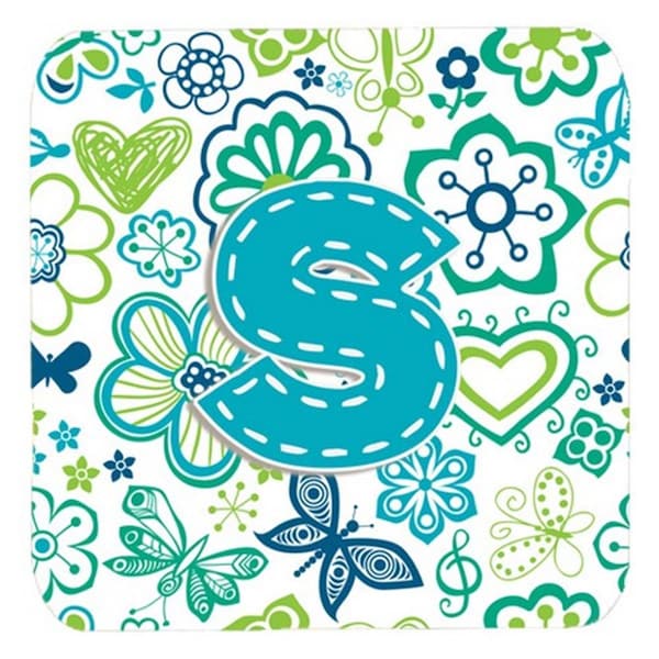 Carolines Treasures Letter S Flowers And Butterflies Teal Blue Foam Coasters- Set of 4 - CJ2006-SFC