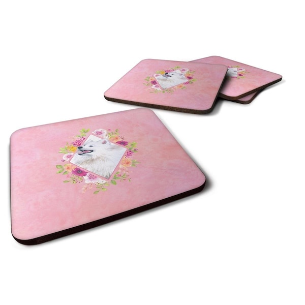 Carolines Treasures 3.5 x 3.5 in. Samoyed Pink Flowers Foam Coaster, 4PK - CK4177FC