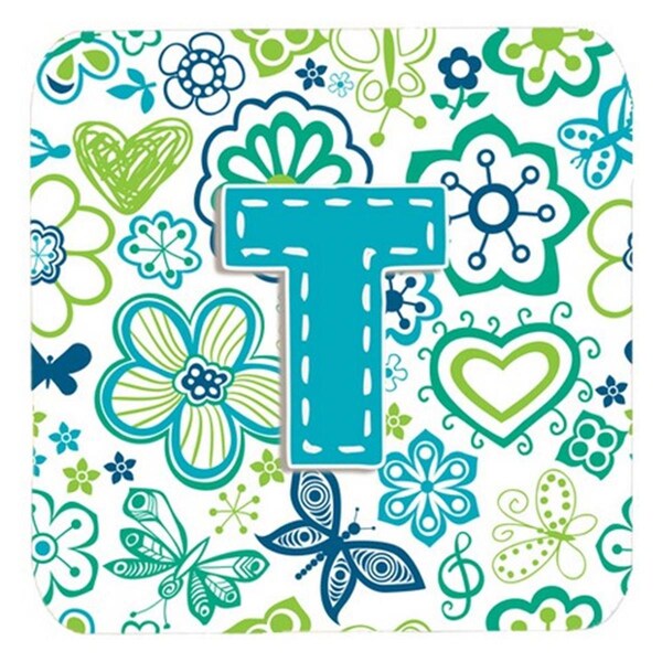 Carolines Treasures Letter T Flowers And Butterflies Teal Blue Foam Coasters- Set of 4 - CJ2006-TFC