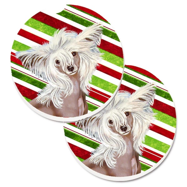 Carolines Treasures Chinese Crested Candy Cane Holiday Christmas Cup Holder Car Coaster, 2PK - LH9257CARC
