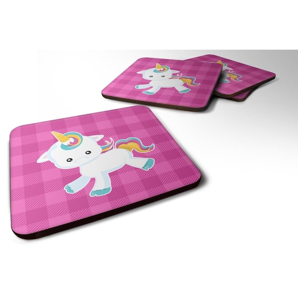 Carolines Treasures Pink Plaid Unicorn Foam Coasters - Set of 4 - BB6807FC