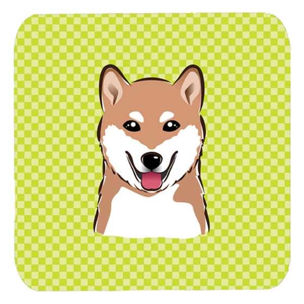 Carolines Treasures 3.5 x 3.5 In. Checkerboard Lime Green Shiba Inu Foam Coasters- Set of 4 - BB1287FC