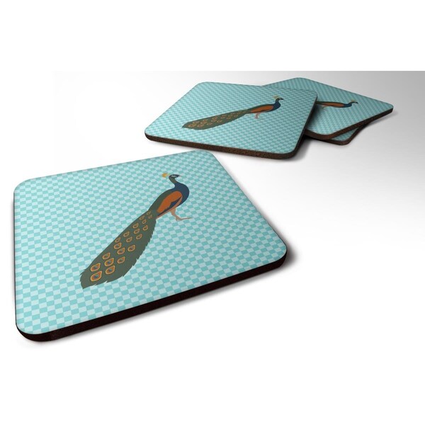 Carolines Treasures Indian Peacock Peafowl Blue Check Foam Coaster, Set of 4 - BB8099FC