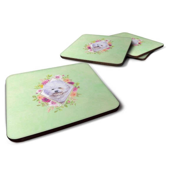Carolines Treasures 3.5 x 3.5 in. Bichon Frise No.2 Green Flowers Foam Coaster, 4PK - CK4280FC