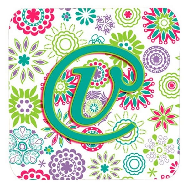 Carolines Treasures Letter V Flowers Pink Teal Green Initial Foam Coasters- Set of 4 - CJ2011-VFC