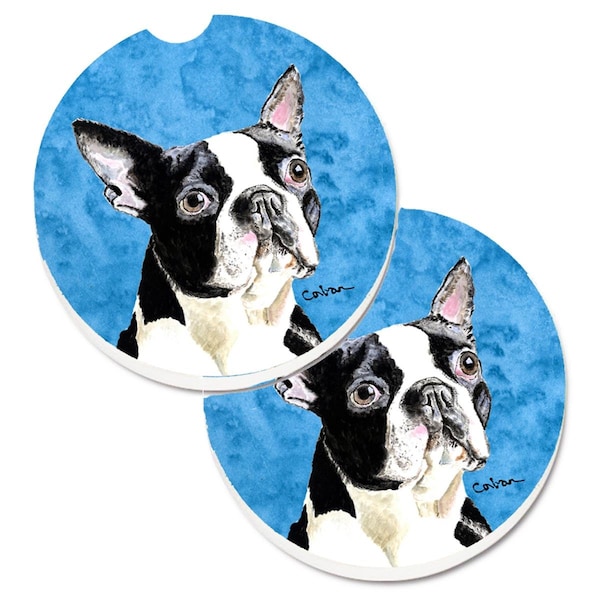 Carolines Treasures Carolines Treasures SC9140BUCARC Blue Boston Terrier Set of 2 Cup Holder Car Coaster - SC9140BUCARC