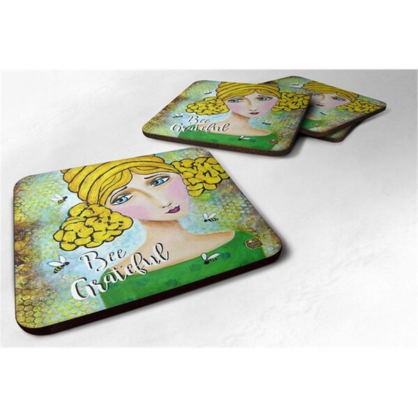 Carolines Treasures Bee Grateful Girl with Beehive Foam Coasters, Set of 4 - VHA3008FC