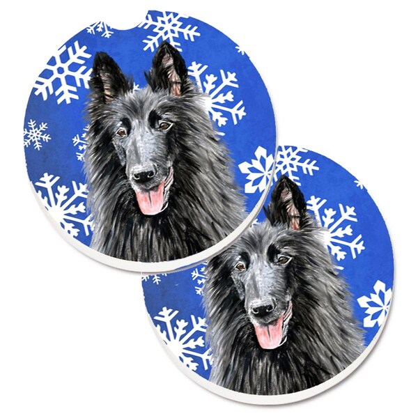 Carolines Treasures Belgian Sheepdog Winter Snowflakes Holiday Cup Holder Car Coaster, 2PK - SC9398CARC