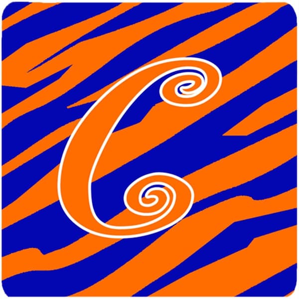 Carolines Treasures 3.5 x 3.5 in. Monogram Tiger Stripe Blue and Orange Foam Coasters Initial Letter C, 4PK - CJ1036-CFC