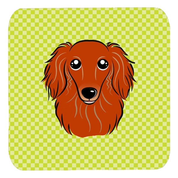 Carolines Treasures 3.5 x 3.5 In. Checkerboard Lime Green Longhair Red Dachshund Foam Coasters, 4PK - BB1276FC