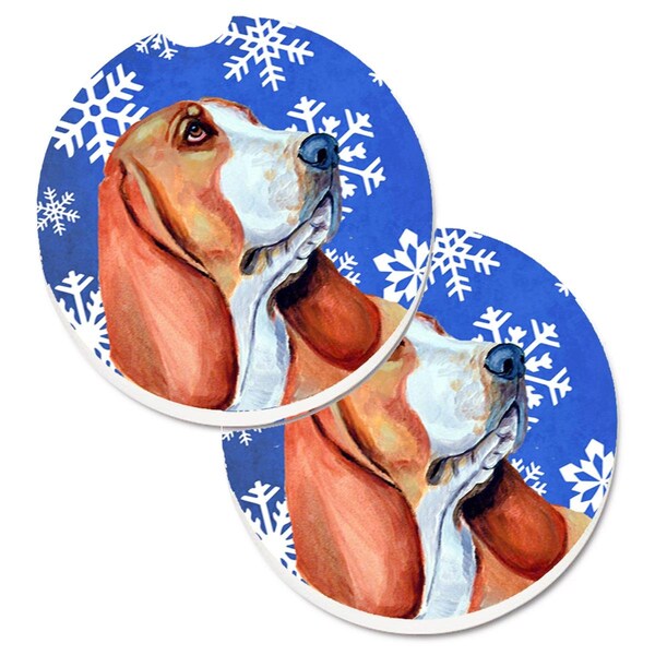 Carolines Treasures Basset Hound Winter Snowflakes Holiday Cup Holder Car Coaster, 2PK - LH9287CARC