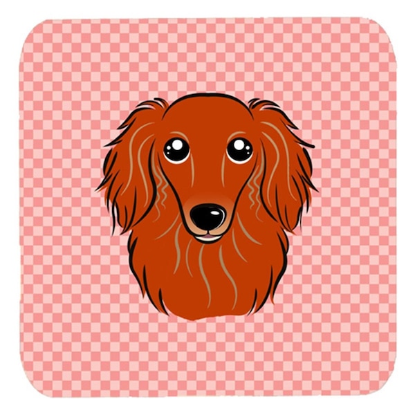 Carolines Treasures 3.5 x 3.5 In. Checkerboard Pink Longhair Red Dachshund Foam Coasters, 4PK - BB1214FC