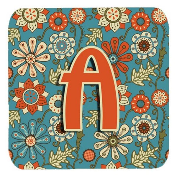 Carolines Treasures Letter A Flowers Retro Blue Foam Coasters- Set of 4 - CJ2012-AFC