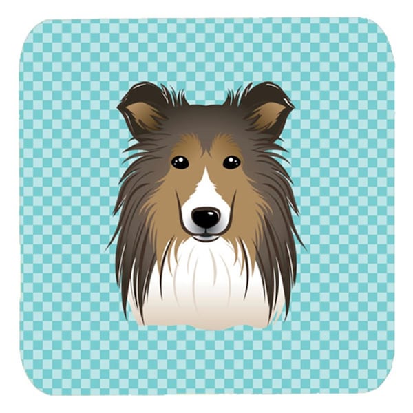Carolines Treasures 3.5 x 3.5 In. Checkerboard Blue Sheltie Foam Coasters- Set of 4 - BB1180FC