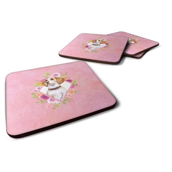 Carolines Treasures 3.5 x 3.5 in. Beagle Pink Flowers Foam Coaster, 4PK - CK4117FC