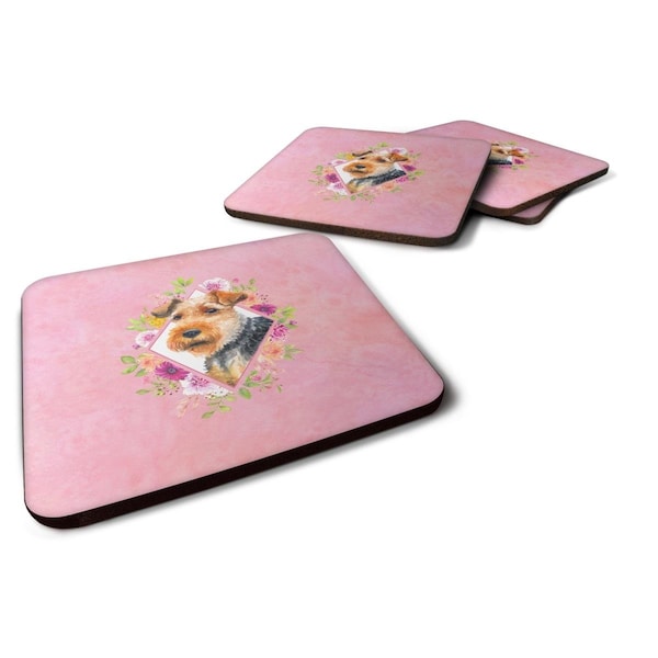 Carolines Treasures 3.5 x 3.5 in. Welsh Terrier Pink Flowers Foam Coaster, 4PK - CK4192FC