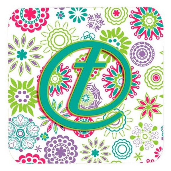 Carolines Treasures Letter T Flowers Pink Teal Green Initial Foam Coasters- Set of 4 - CJ2011-TFC