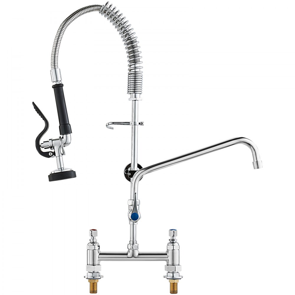 VEVOR Commercial Faucet with Pre-Rinse Sprayer, 26" Height, 8" Center, 12" Swing Spout, Deck Mount Kitchen Sink Faucet, Brass Constructed Device with Pull Down Spray, for 1/2/3 Compartment Sink - JBSYCXSLTJBSN8H9GV0