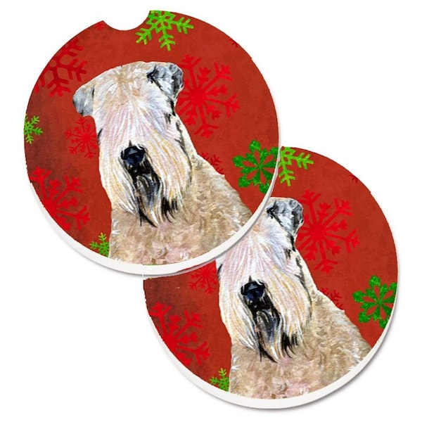 Carolines Treasures Wheaten Terrier Soft Coated Red Snowflakes Holiday Christmas Cup Holder Car Coaster, 2PK - SS4700CARC
