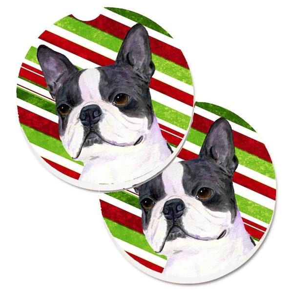 Carolines Treasures Boston Terrier Candy Cane Holiday Christmas Cup Holder Car Coaster, 2PK - SS4585CARC