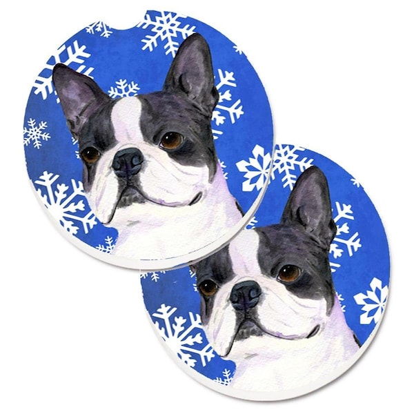 Carolines Treasures Boston Terrier Winter Snowflakes Holiday Cup Holder Car Coaster, 2PK - SS4654CARC