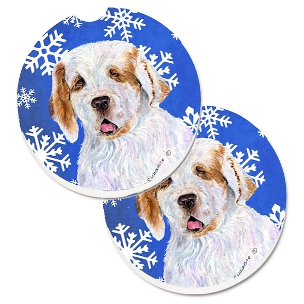 Carolines Treasures Clumber Spaniel Winter Snowflakes Holiday Cup Holder Car Coaster, 2PK - SS4638CARC