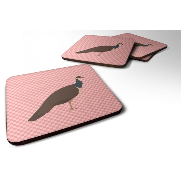 Carolines Treasures Indian Peahen Peafowl Pink Check Foam Coaster, Set of 4 - BB7927FC