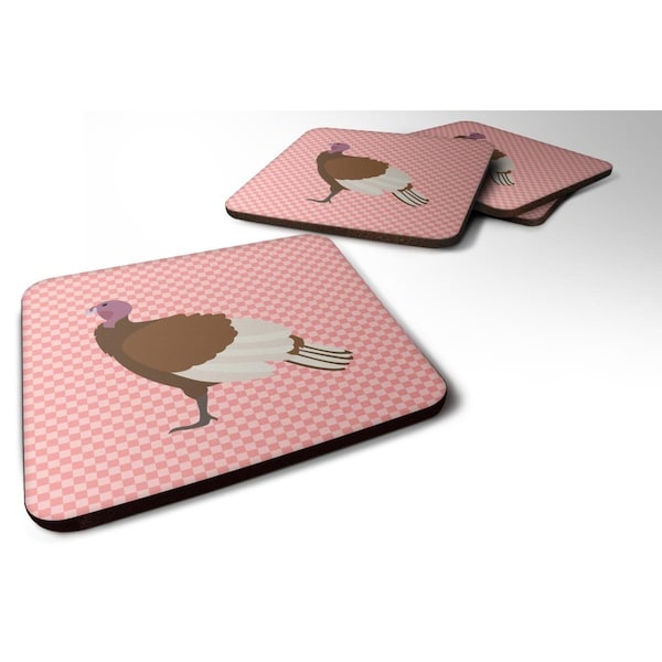 Carolines Treasures Bourbon Red Turkey Hen Pink Check Foam Coaster, Set of 4 - BB7982FC