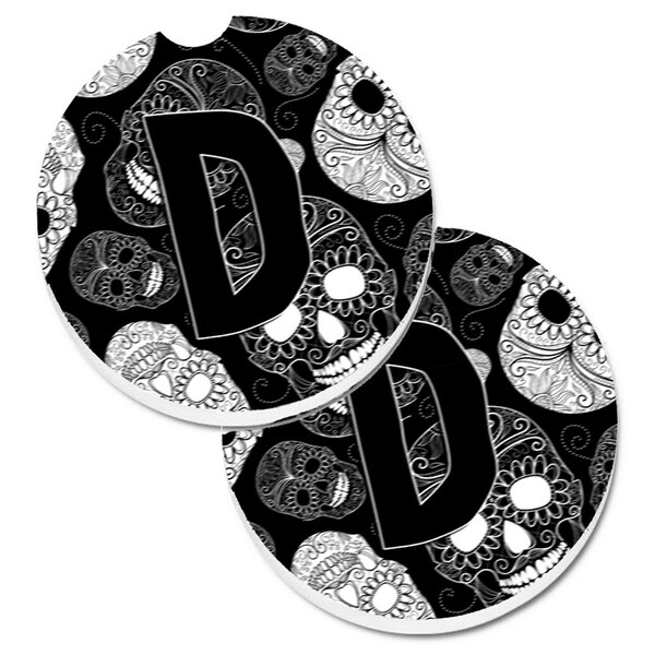 Carolines Treasures Letter D Day of the Dead Skulls Black Cup Holder Car Coaster, 2PK - CJ2008-DCARC