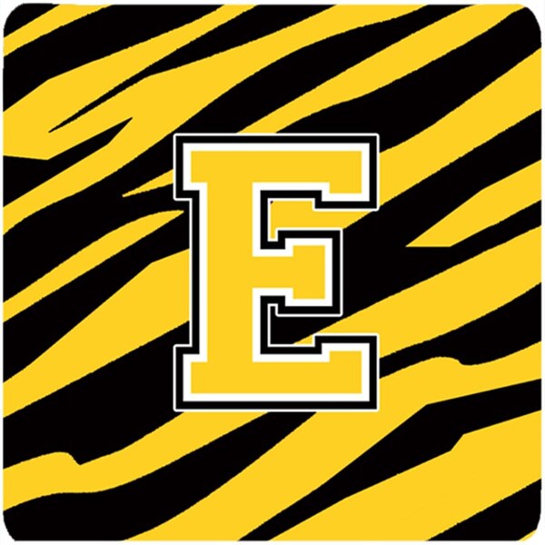 Carolines Treasures Monogram - Tiger Stripe - Black Gold Foam Coasters- Initial Letter E, 3.5 x 3.5 in., 4PK - CJ1026-EFC