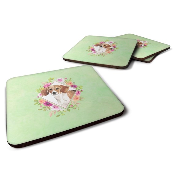 Carolines Treasures 3.5 x 3.5 in. Beagle Green Flowers Foam Coaster, 4PK - CK4425FC